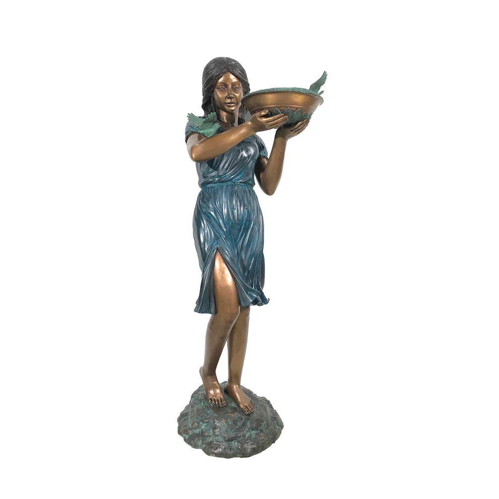 Blue Dress Birdbath Girl Bronze Fountain Sculpture 63" High