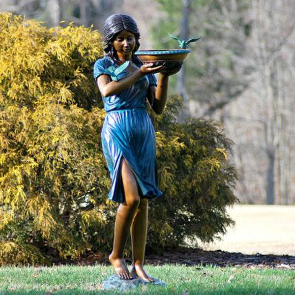 Blue Dress Birdbath Girl Bronze Fountain Sculpture 63" High - Image 3