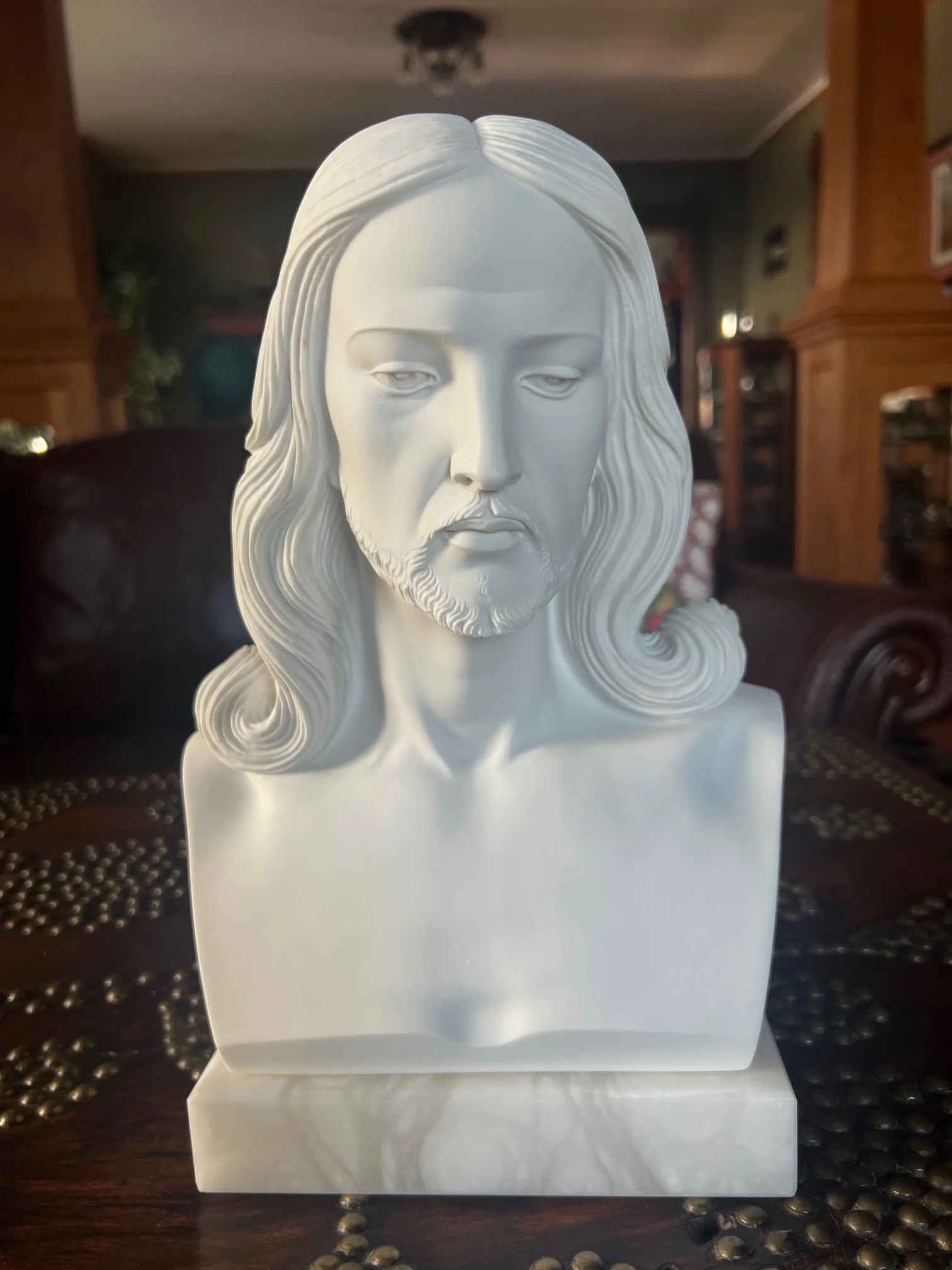 Jesus Christ Bust Mounted on Alabaster Base 12" High - Image 5
