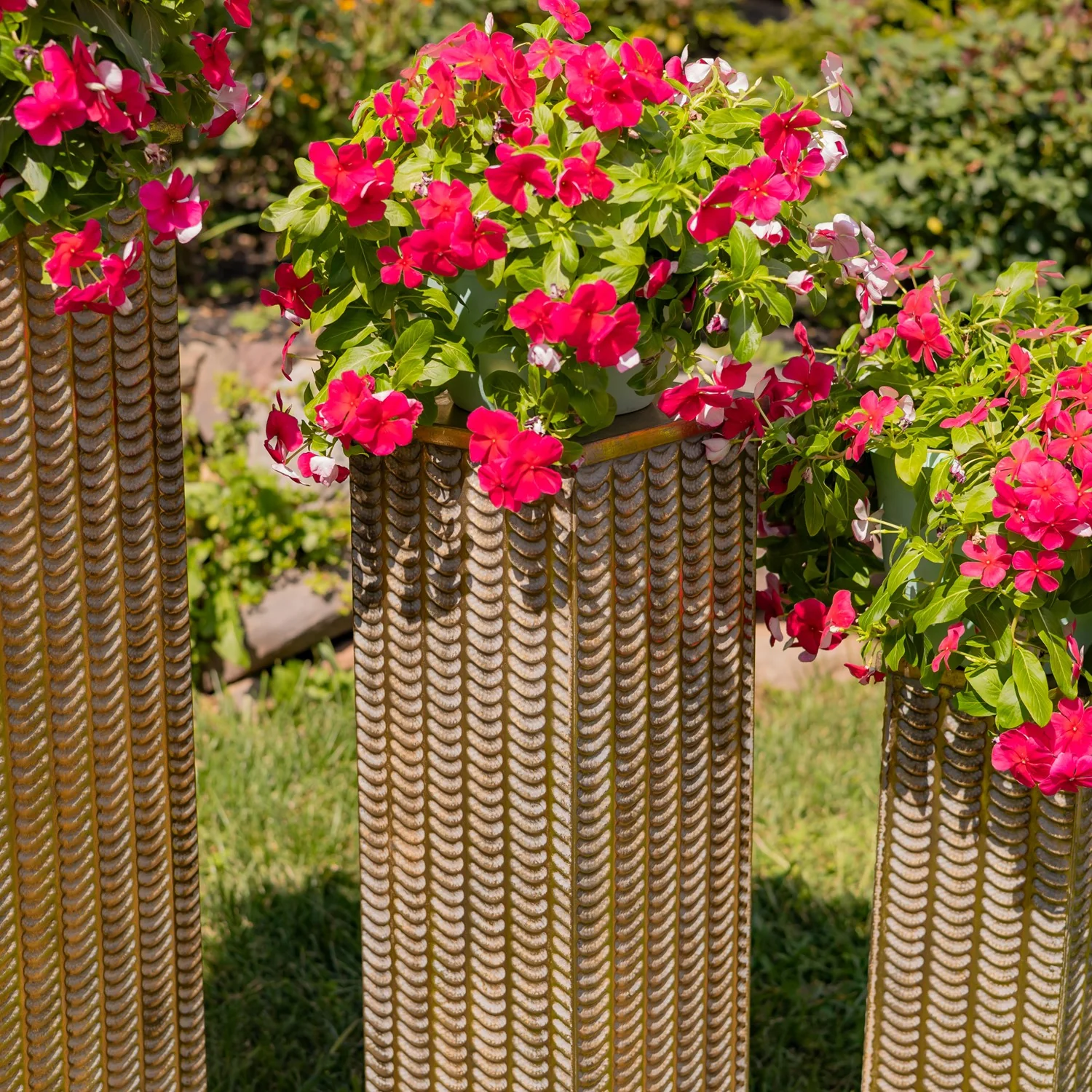 Set of 3 Assorted Frosted Gold Metal Decorative Pedestal Pillars 39.5" H - Image 5